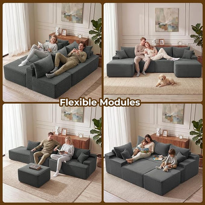 Mangodan 118'' Cloud Sectional Couch, U Shaped Boneless Couches for Living Room, Modular Sectional Sofa with Deep Seat Light Facing Chaise, Comfy Cloud Couch Sofa, Gray