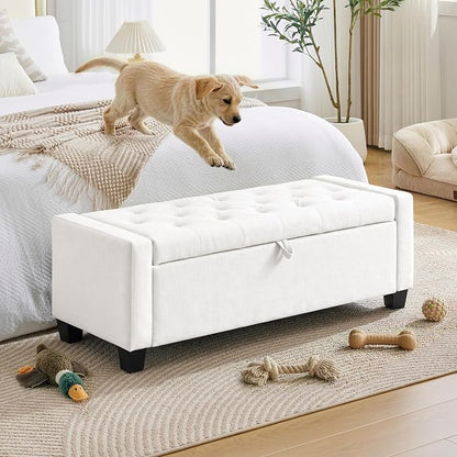 Huatean Home 43" Ottoman with Storage, White Storage Ottoman Bench with Safety Hinge, Upholstered Entryway Bench with Seating for Bedroom, Living Room, Holds up to 330 lb