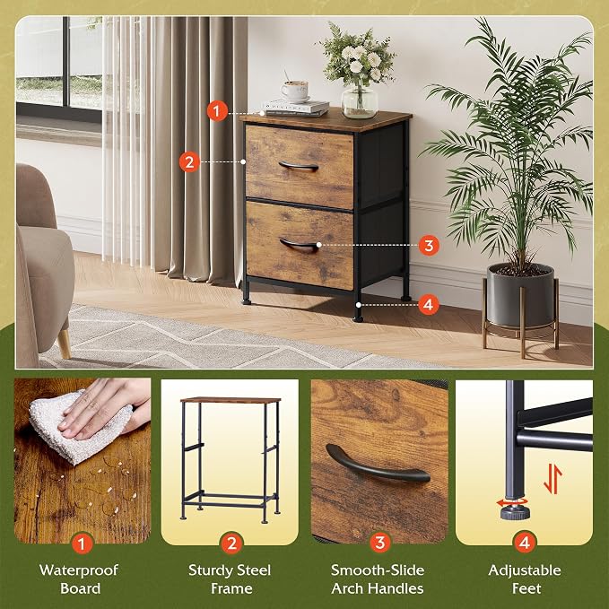 WLIVE Night Stand Set of 2, Small Dresser with 2 Drawers & Wooden Top, Nightstand with Fabric Bins, Bedside Table End Table for Bedroom, Closet, Entryway, College Dorm, Rustic Brown
