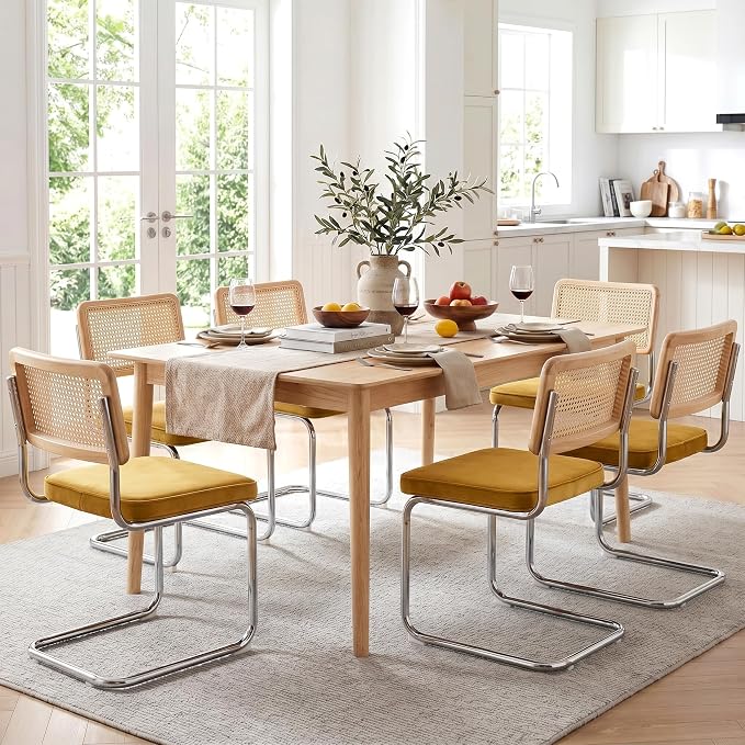 Zesthouse Rattan Dining Chairs Set of 6, Mid Century Modern Dining Room Chairs with Natural Cane Mesh & Chrome Base, Yellow Velvet Cesca Chair, Farmhouse Kitchen Chair with Solid Wood Frame Back
