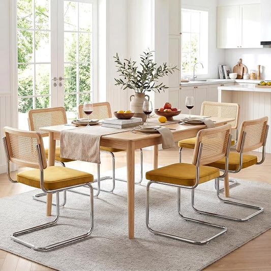 Zesthouse Rattan Dining Chairs Set of 6, Mid Century Modern Dining Room Chairs with Natural Cane Mesh & Chrome Base, Yellow Velvet Cesca Chair, Farmhouse Kitchen Chair with Solid Wood Frame Back