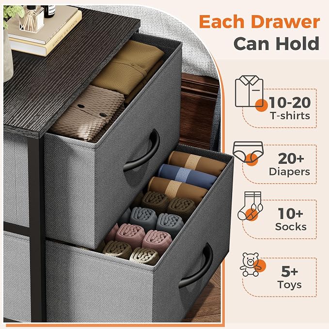 Sweetcrispy Nightstand Set of 2 with 2 Storage Drawers, Small Bedside Table | 20" Height End Table, Bedroom Furniture, Wooden Top Fabric Cabinet, Closet, Entryway, Gray 2PC