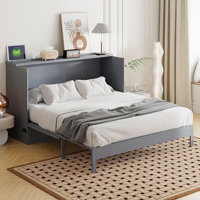 Ball & Cast Murphy Bed Queen Size Bedroom Folding Wall Cabinets Frame with Large Drawer and USB Ports,Hideaway Bed w/Tri-Fold Mattress Design,for Guest Room,Study,Office,Gray
