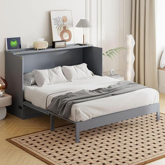 Ball & Cast Murphy Bed Queen Size Bedroom Folding Wall Cabinets Frame with Large Drawer and USB Ports,Hideaway Bed w/Tri-Fold Mattress Design,for Guest Room,Study,Office,Gray