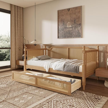 Merax Twin Size Rattan Bed Frame with 2 Storage Drawers, Wood Bedframe Daybed for Bedroom, Guest Room, Limited Space, No Box Spring Needed, Antique Walnut