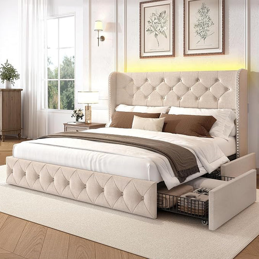 LARMACE Queen Size Bed Frame with LED Lights and 4 Storage Drawers Linen Upholstered Platform Bed Frame with 47.2" Tall Tufted Headboard Wingback, No Box Spring Needed, Easy to Assemble, Beige