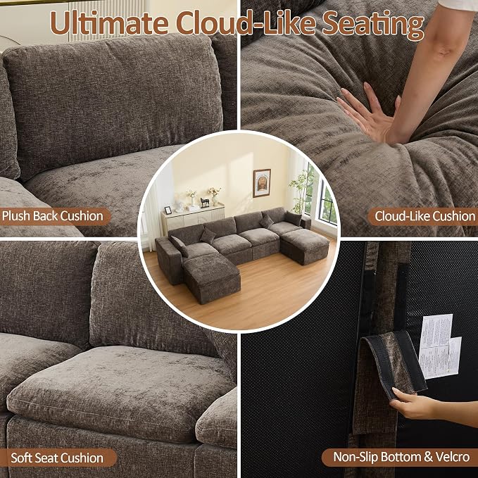 146''Cloud Boneless Sectional Couch, Modular Sectional Sofa Deep Seat with 2 Ottomans, Oversized Upholstered Convertible Comfy 6 Seater Chenille Sofa U Shape Couches for Living Room, Brown