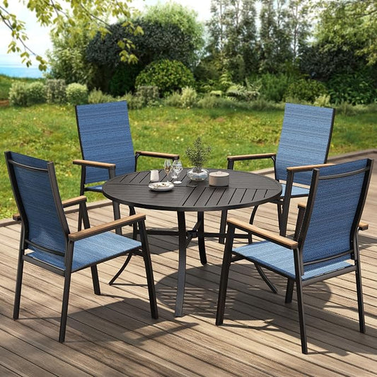 PHI VILLA 5 Pieces Patio Dining Set, Outdoor Furniture with 4 Aluminum Stackable Chairs & 1 Large Round Dining Table, Extra Wide Textilene Mesh Fabric Chair and 42" Metal Table for All Weather, Blue