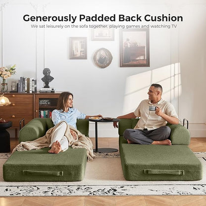 79" 5-in-1 Convertible Sofa Bed No Assembly, Boneless Couch Bed with High Density Foam, Foldable Sleeper Sofa, Corduroy Modular Couch for Apartment, Studio, Dorm Room, Small Space, Light Green