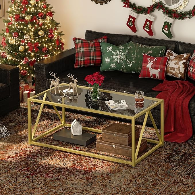 HOOBRO Glass Coffee Table, Gold Coffee Tables for Living Room, Gold Glass Coffee Table,1 Layer Center Table, Modern, for Apartment, Office, 39.4 x 19.7 x 17.7 Inches, Easy Assembly, Golden GD04KF01