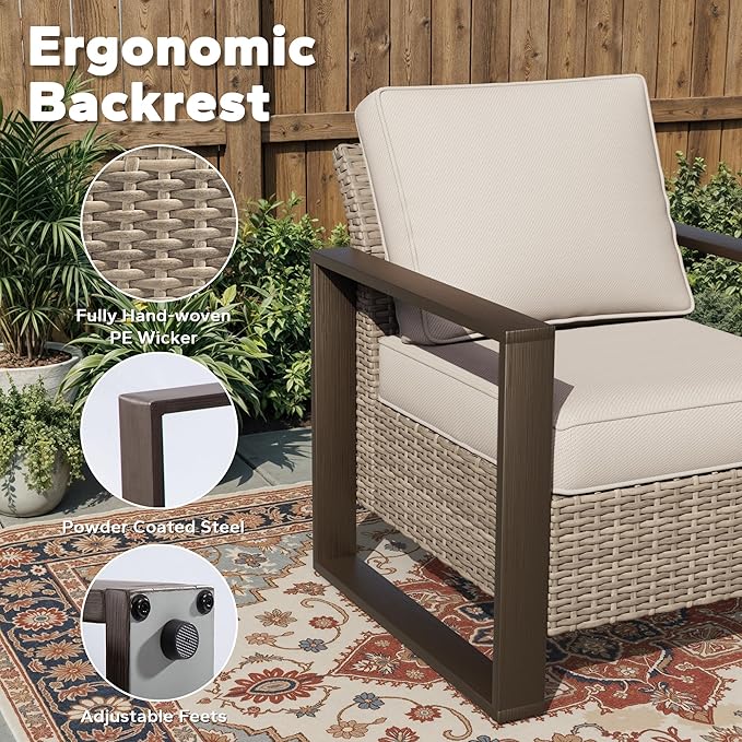 Joyside Outdoor Patio Chairs Set, 4 Pieces Wicker Rattan Chairs with Metal Wide Armrest, Thick Cushions and Deep Seating for Garden, Backyard, Porch, Deck