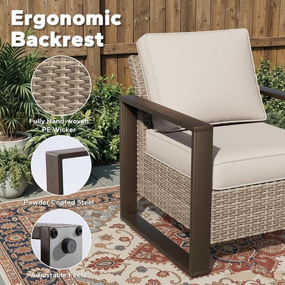 Joyside Outdoor Patio Chairs, 4 Pieces Wicker Rattan Furniture Set, 2 Patio Chairs and 2 Ottoman, Metal Wide Armrest, Thick Cushions and Deep Seating for Garden, Backyard, Porch, Deck