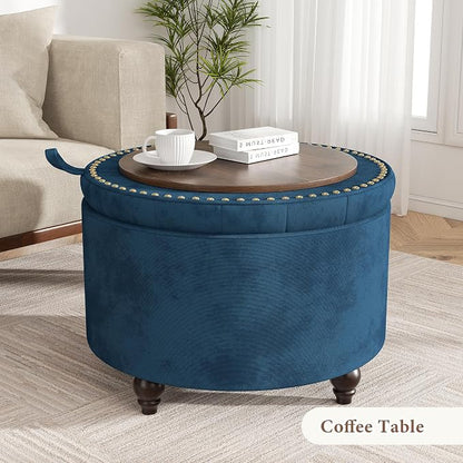 24 Inch Round Storage Ottoman,Modern Tufted Ottomans,Circular Coffee Table with Removable Top,Upholstered Large Ottoman with Storage Footrest Stool for Bedroom Living Room (Blue)