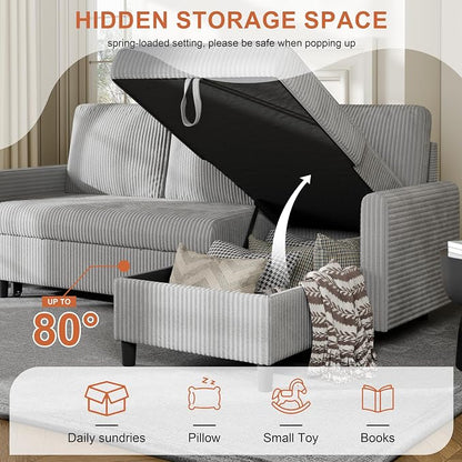 Vongrasig Pull Out Couch, 2 in 1 Small Sofa Bed Sleeper Sofa with Storage, 77" L Shaped Convertible Sofa with Storage Chaise for Living Room, Apartment, Light Grey