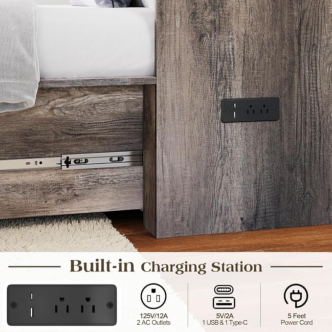 LUXOAK Twin Murphy Bed with 6" Tri-Fold Memory Foam Mattress, Storage Drawer & Charging Station, Space-Saving Design for Home Office or Guest Room, Rustic Grey