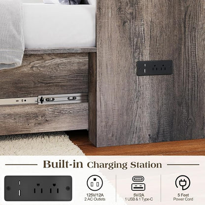 LUXOAK Twin Murphy Bed with 6" Tri-Fold Memory Foam Mattress, Storage Drawer & Charging Station, Space-Saving Design for Home Office or Guest Room, Rustic Grey