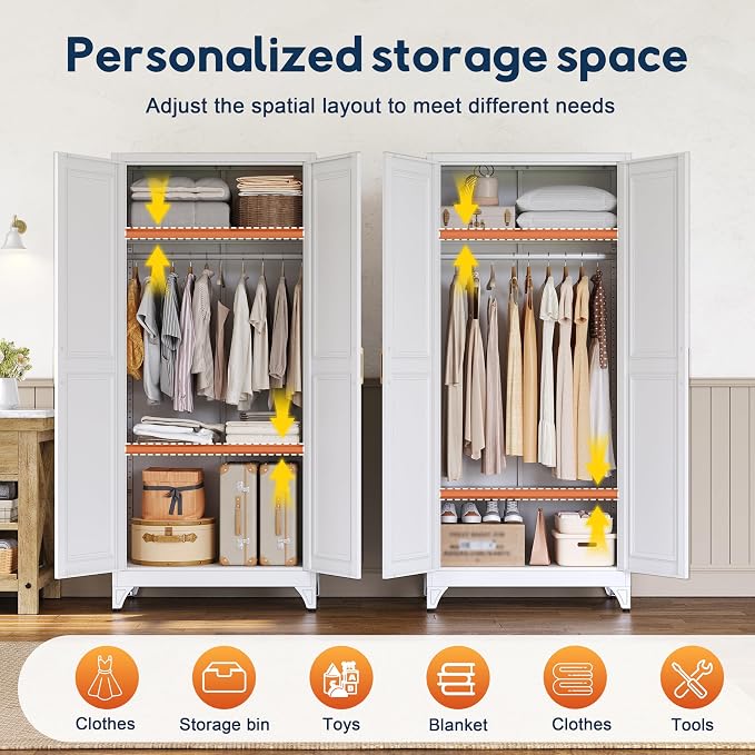 UNICOLY Armoire Wardrobe Closet with Doors, 71'' Wardrobe Cabinet with Hanging Rod, Metal Closet with 2 Adjustable Shelves for Bedroom School, Employee, Gym, Armarios De Ropa para Dormitorio, White