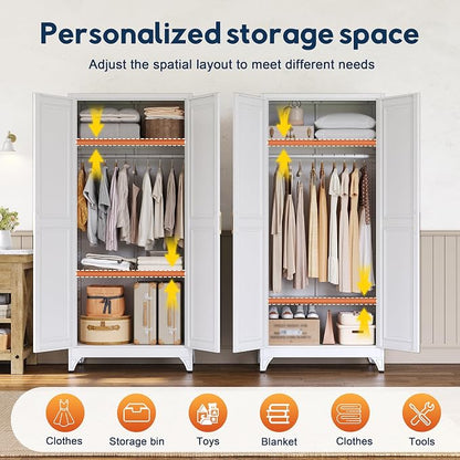 UNICOLY Armoire Wardrobe Closet with Doors, 71'' Wardrobe Cabinet with Hanging Rod, Metal Closet with 2 Adjustable Shelves for Bedroom School, Employee, Gym, Armarios De Ropa para Dormitorio, White