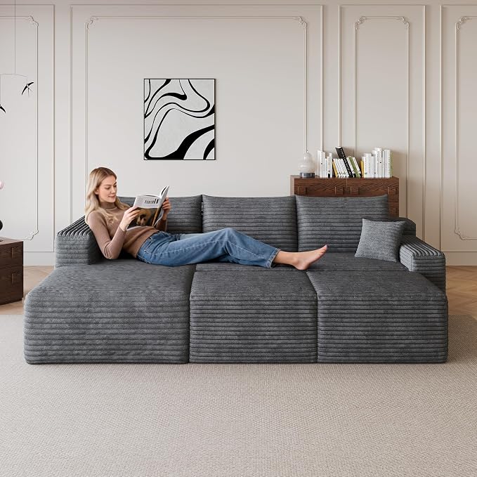 JINGLING 25.6 Inch Plush Corduroy Ottoman, Modular Sectional Foot Rest for Living Room, Upholstered Cloud Ottoman for Boneless Couch in a Box, Compressed Memory Foam, No Assembly Require, Dark Grey