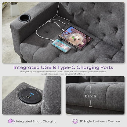 TYBOATLE Mid-Century Modern Tufted Loveseat Sofa Set w/ 2 USB & 2 Cupholders, 3 Piece Living Room Furniture Sets, Small Love Seat Couches for Small Space Apartment Bedroom Office