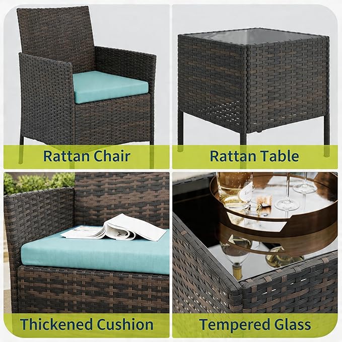 GAOMON 3-Piece Patio Furniture Set, Modern PE Rattan Conversation Set with 2 Chairs & Tempered Glass Coffee Table, All-Weather Outdoor Seating for Garden, Porch, Balcony, Poolside, Blue