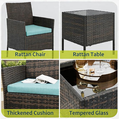 GAOMON 3-Piece Patio Furniture Set, Modern PE Rattan Conversation Set with 2 Chairs & Tempered Glass Coffee Table, All-Weather Outdoor Seating for Garden, Porch, Balcony, Poolside, Blue