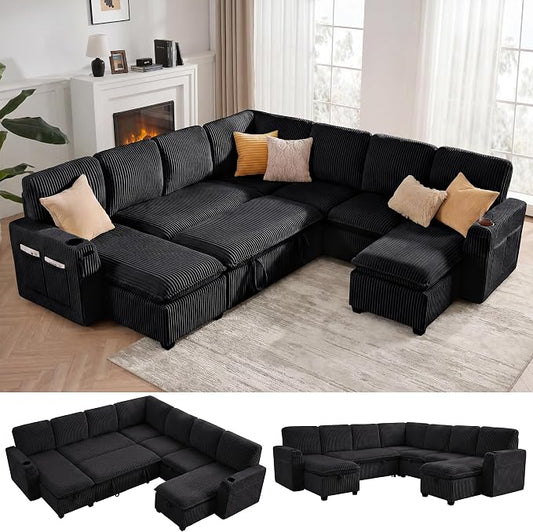 Oversized Sectional Sleeper Sofa with Pull Out Bed, Plush Corduroy 9 Seat Modular Sofa with Storage Chaise and Adjustable Backrest, Cloud Couches for Living Room, Apartment, Black