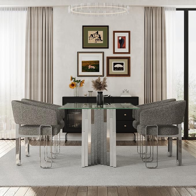 Modern Dining Chairs, Boucle Upholstered Dining Room Chairs, Grey Sherpa Barrel Armchair with Curved Backrest and Polished Silver U-Shaped Legs，Set of 6（Only Chairs）
