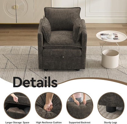 30" Cloud Modular Single Sofa Chair with Storage, Modern Upholstered Accent Chair Deep Seat, Chenille Reading Lounge Armchair for Living Room, Bedroom, Small Space, Brown
