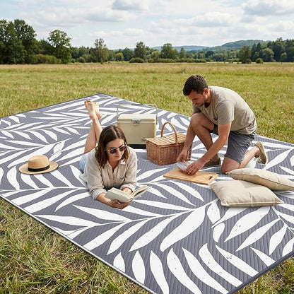 Smiry Outdoor Rug 6x9 ft, Waterproof Reversible Plastic Straw Rugs, Outdoor Area Rug with Leaf Pattern, Outside Floor Mat for Patio, Backyard, Deck, Picnic, Beach, Camping, Grey & White