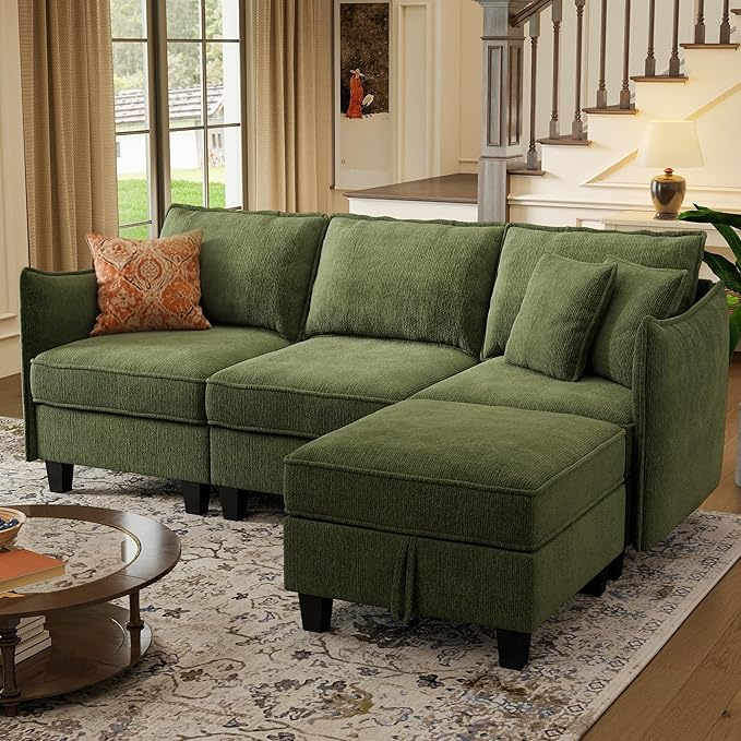 WorthFurni Modular Sectional Sofa L Shape Couches with Storage Ottoman and Washable Cushion Cover for Living Room, Apartment, Bedroom(Green)
