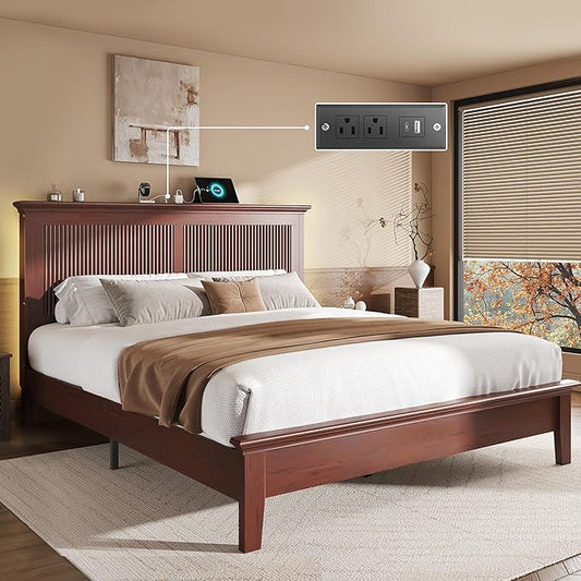 Lifezone Queen Bed Frame with Headboard, Solid Wood Bed Frame Queen Size with Charging Station & RGB LED, Wood Slats Support, Noise-Free, Sturdy Structure, Easy Assembly, Mahogany
