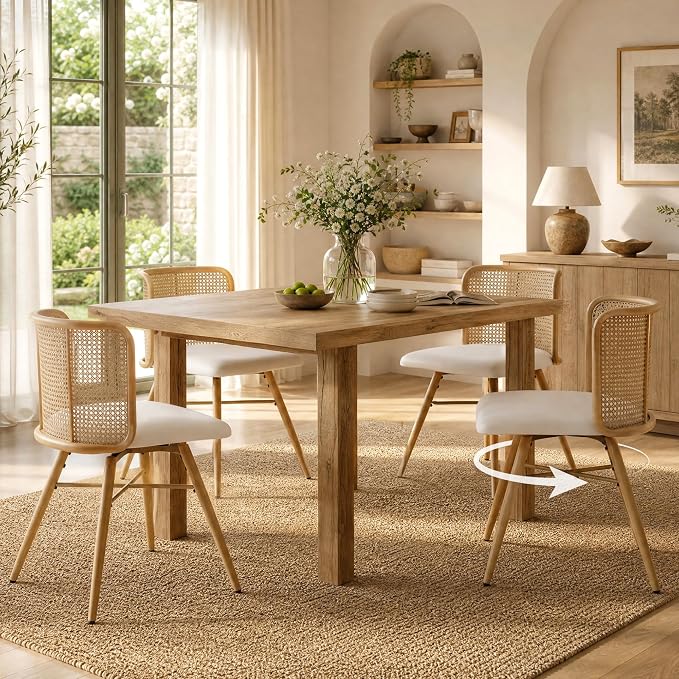 TYBOATLE Swivel Rattan Dining Chairs Set of 4 (Cream White) | Farmhouse, Boho, Rattan Woven Back, Faux Leather Seat, Metal Legs, Upholstered, Kitchen, Dining Room