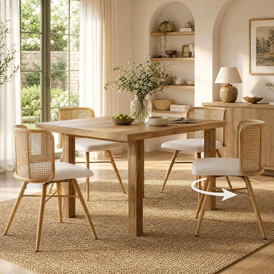 TYBOATLE Swivel Rattan Dining Chairs Set of 4 (Cream White) | Farmhouse, Boho, Rattan Woven Back, Faux Leather Seat, Metal Legs, Upholstered, Kitchen, Dining Room