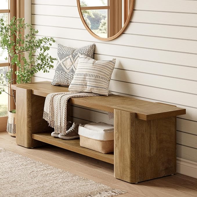 LITTLE TREE Wood Entryway Bench, 63" End of Bed Bench with Storage Shelf, Farmhouse Extra Long Shoe Bench for Entryway, Dining Room, Hallway, Living Room, Bedroom, Double-Reinforced Legs, Natural Oak