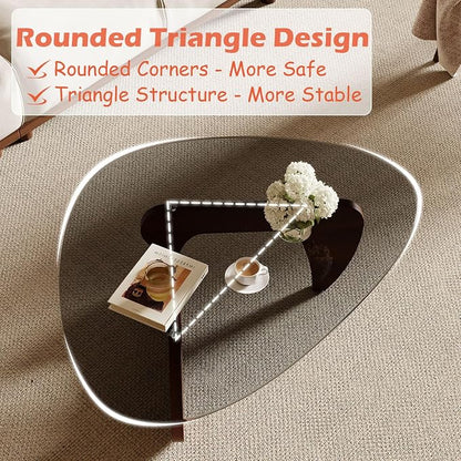 Modern Coffee Table for Living Room and Small Spaces, 43.3" x 29.5" x 15.8" Triangle Tempered Glass Table Top and Eco-Friendly Solid Wood Base, Walnut