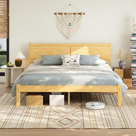 RLDVAY 14 Inch Bamboo Queen Bed Frame, Platform Bamboo Wood Bed with Headboard, No Box Spring Needed, Heavy Duty Metal Slats, Easy Assembly, Noise Free, Bed Frame Queen Size