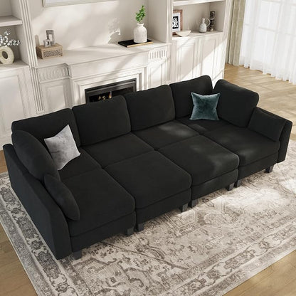Sectional Sleeper Sofa, 8 Seaters Modular Sleeper Sofa Couch, Comfy Sectionals Couches Bed, Convertible Sofas with Ottomans, Modular Sectional Couches for Living Room, Black