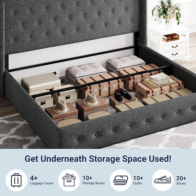 Allewie King Size Lift Up Storage Bed, Button Tufted Headboard with Wingback, Hydraulic Support, No Box Spring Needed, Dark Grey