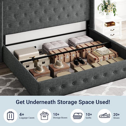 Allewie King Size Lift Up Storage Bed, Button Tufted Headboard with Wingback, Hydraulic Support, No Box Spring Needed, Dark Grey