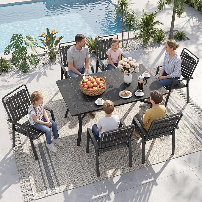 Outdoor Dining Set for 6, Patio Table and Chairs Set with 1.97'' Umbrella Hole, 7pcs Patio Furniture Set 63”x37.8” Black Dining Table Set for Porch Deck Backyard Pool