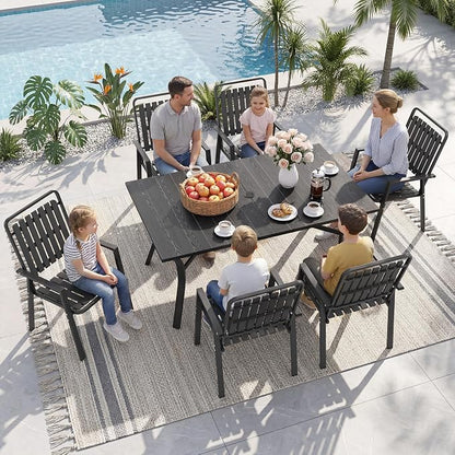 Outdoor Dining Set for 6, Patio Table and Chairs Set with 1.97'' Umbrella Hole, 7pcs Patio Furniture Set 63”x37.8” Black Dining Table Set for Porch Deck Backyard Pool