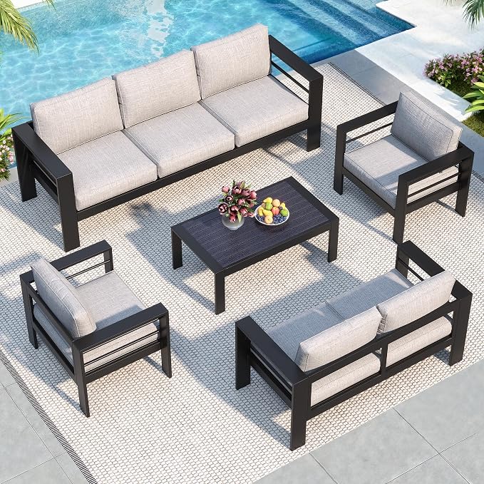 Solaste Aluminum Patio Furniture Set for All Weather, Oversized Metal Outdoor Furniture with 27.5" Deep Seating and 3.2" Wide Armrest, Patio Conversation Set with 10’’ Back Cushion, Black and Grey