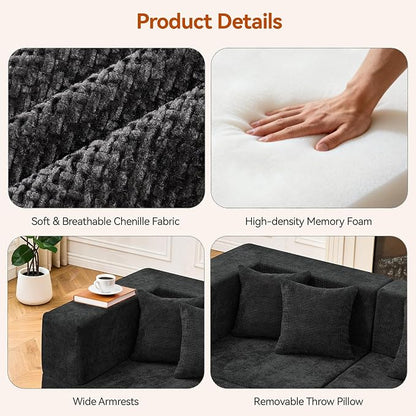 MONVANE 75" Loveseat Sofa, Comfy Chenille Modular Sectional Sofa with 4 Pillows, Modern Deep Seat Boneless Couch, 2 Seater Sofa for Living Room, Bedroom and Apartment, Black
