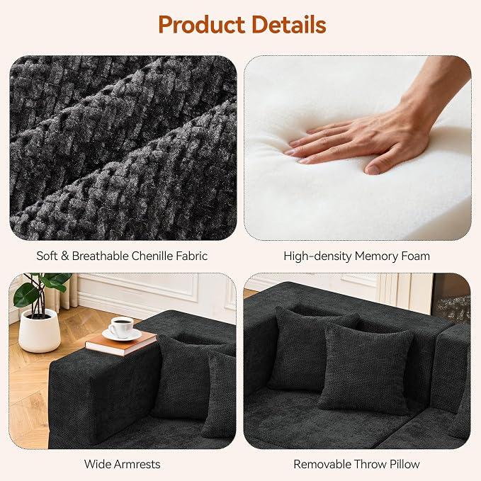 MONVANE Modular Sectional Sofa, Oversized 10 Seat Convertible U Shaped Couch with Ottoman, Comfy Chenille Deep Seat Cloud Couch, Sectional Couches for Living Room, No Assembly Required, Black