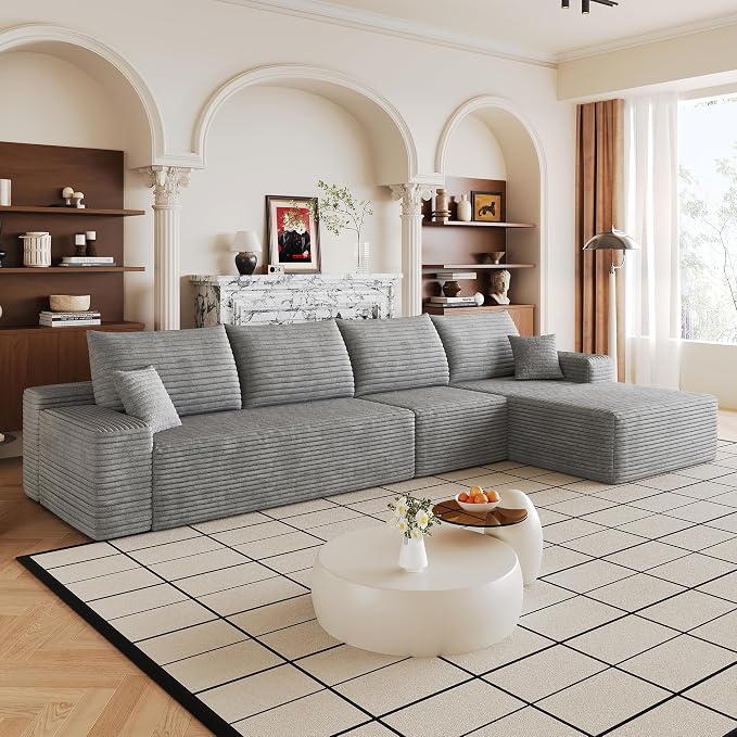 Eafurn 135" Oversized L-Shaped Boneless Sectional Sofa Couch with Chaise, Fluffy Corduroy Modular Couch with Deep Seat,Flexible Combination Corner Sofa & Couch for Living Room, No Assembly