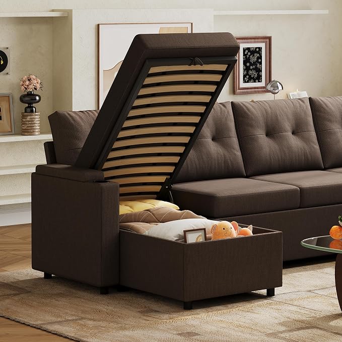 WLIVE 110'' Sectional Couches for Living Room, Pull Out Couch, U Shape 7 Seat Sleeper Sofa with Storage Chaise and Pillows, Removable Sofa Cover, Cups Holders, USB Charging Station, Brown