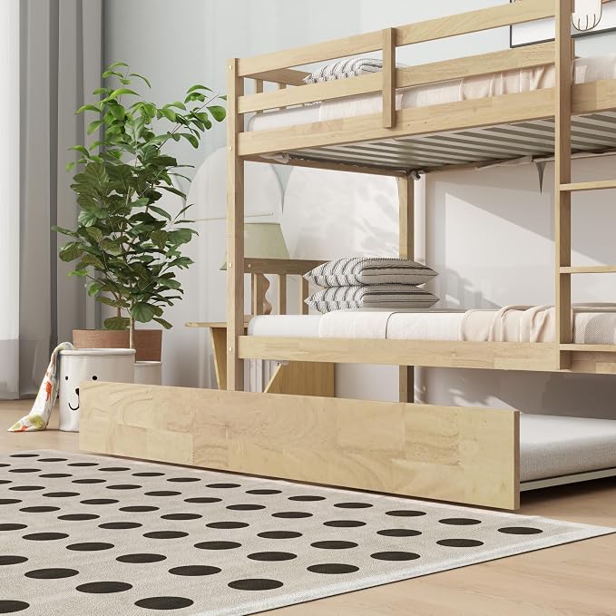 Merax Twin-Over-Twin Bunk Bed with Movable Trundle, Solid Wood Detachable Bunk Bed with Safety Guardrial and Ladder, Can be Converted Into 3 Separate Beds(Natural)