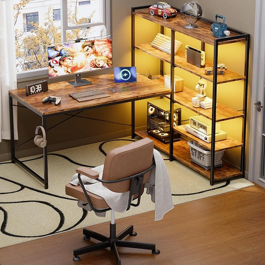 Pamray 49 Inch L Shaped Gaming Computer Desk with Shelves and Storage | Compact Reversible Design with LED Lights & Power Outlets, Suitable for Home Office Bedroom Small Spaces and Dorm Study Work
