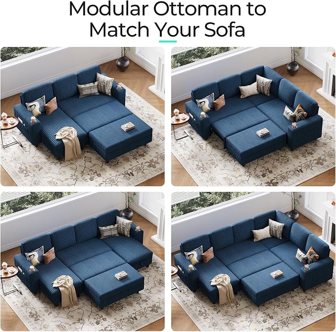 LINSY HOME Sectional Sleeper Sofa with Pull Out Couch Bed for Living Room (Blue) | Plush Corduroy